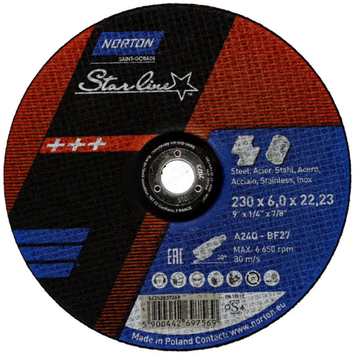 Norton 66252837269 Starline Grinding Disc 230 x 6.0 x 22.23mm A240 BF27 Inox (Each)