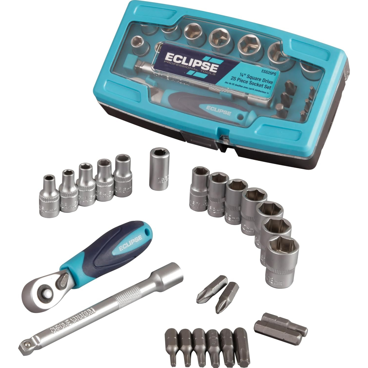 Eclipse ESS25PS Professional Tools ¼'' 25pcs Square Drive Socket Set (Metric)