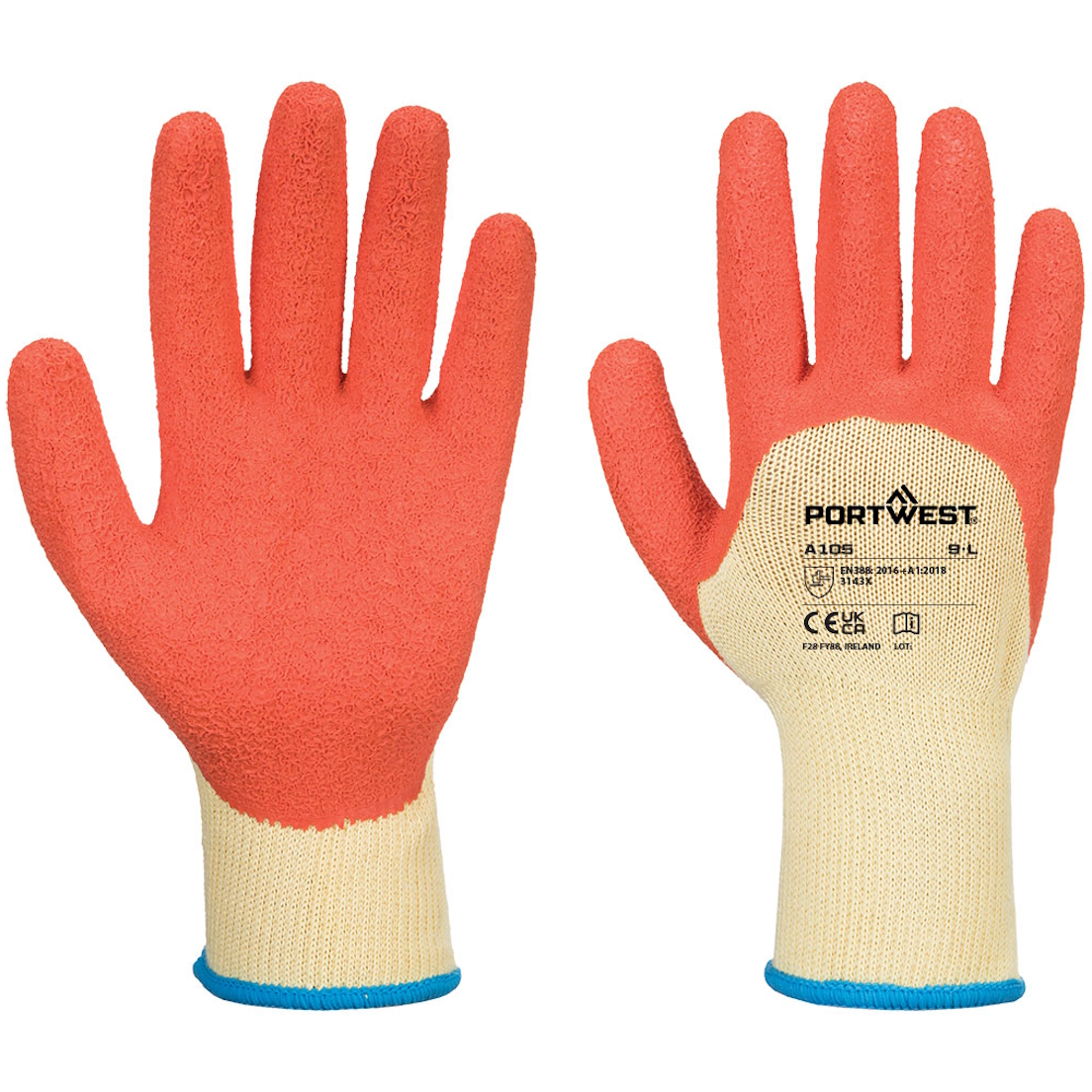 Portwest A105 Grip 10 Latex ¾ Dipped Yellow/Orange Gloves - Pack of 12