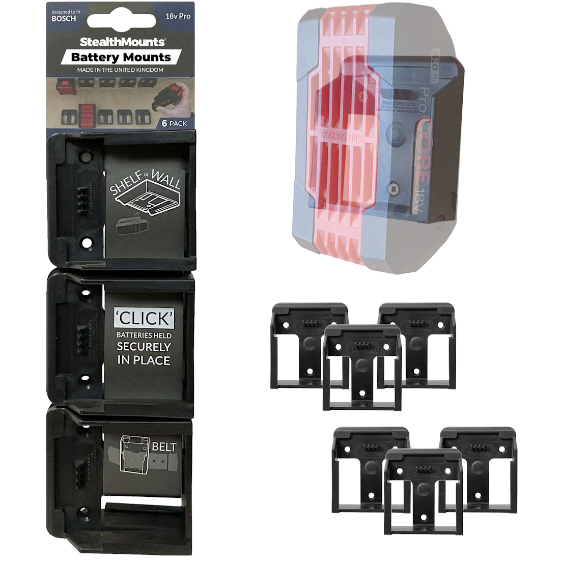 StealthMounts BM-BO18-6 Black Battery Mounts for Bosch 18V (6 Pack)