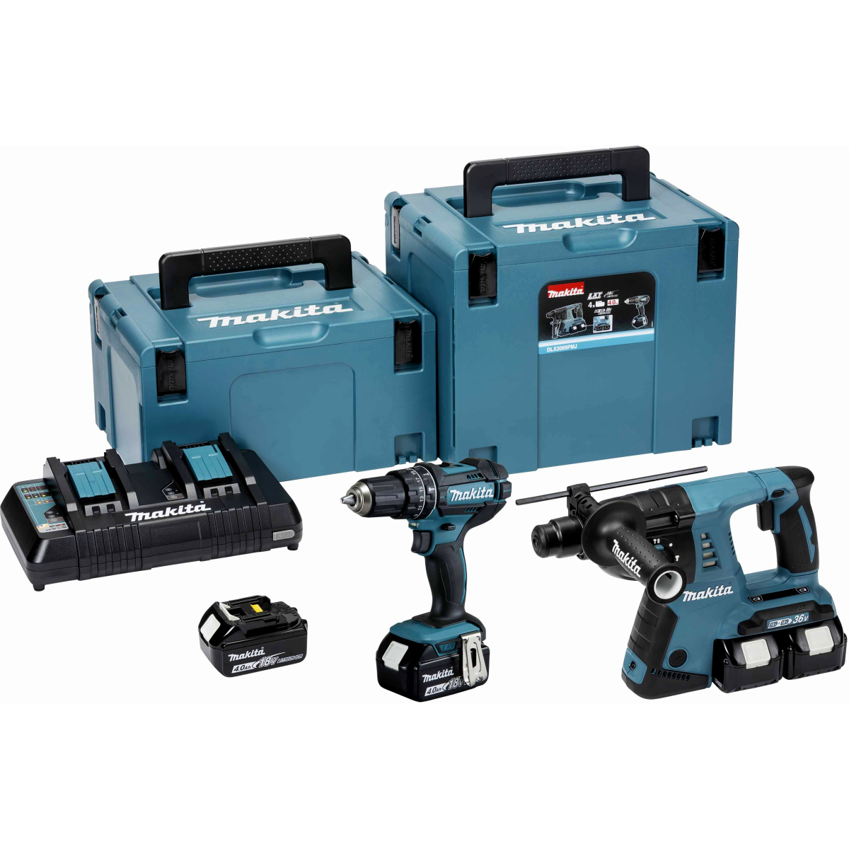 Makita DLX2137PTJ 18V LXT Twin Kit Combi Drill and SDS Rotary Hammer with 4x 5.0Ah Batteries in MakPac Stacking Cases