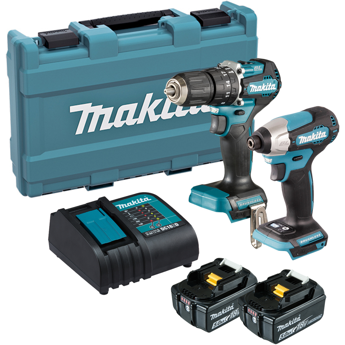 Makita DLX2414ST 18V LXT Brushless Twin Kit Combi Drill + Impact Driver with 2x 5.0ah Batteries and Charger in Carry Case