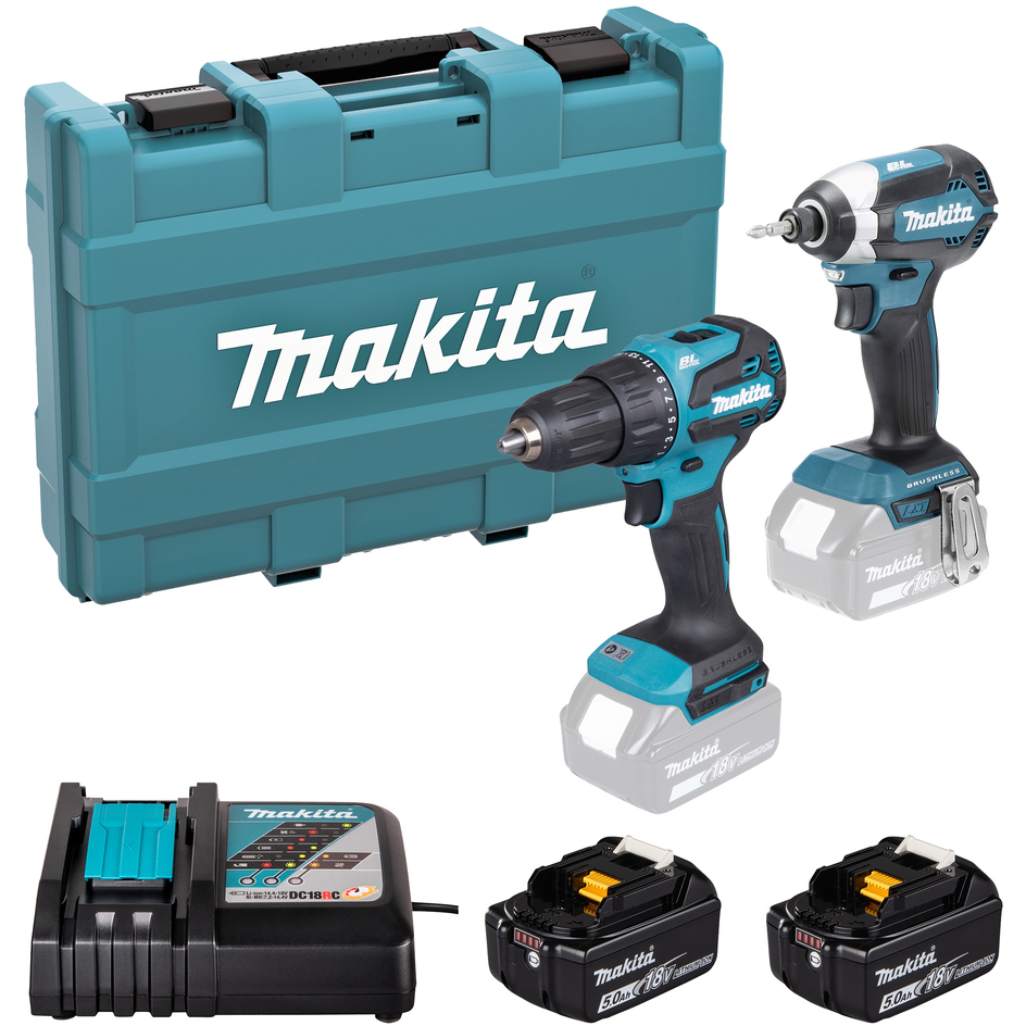Makita DLX2537ST 18V LXT Twinkit Combi Drill and Impact Driver with 2x 5.0Ah Batteries and Charger in Carry Case