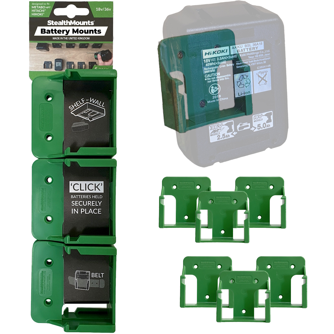 StealthMounts BM-MHH18-GRN-6 Green Battery Mounts for Hikoki/Metabo HPT/Hitachi 18V (6 Pack)