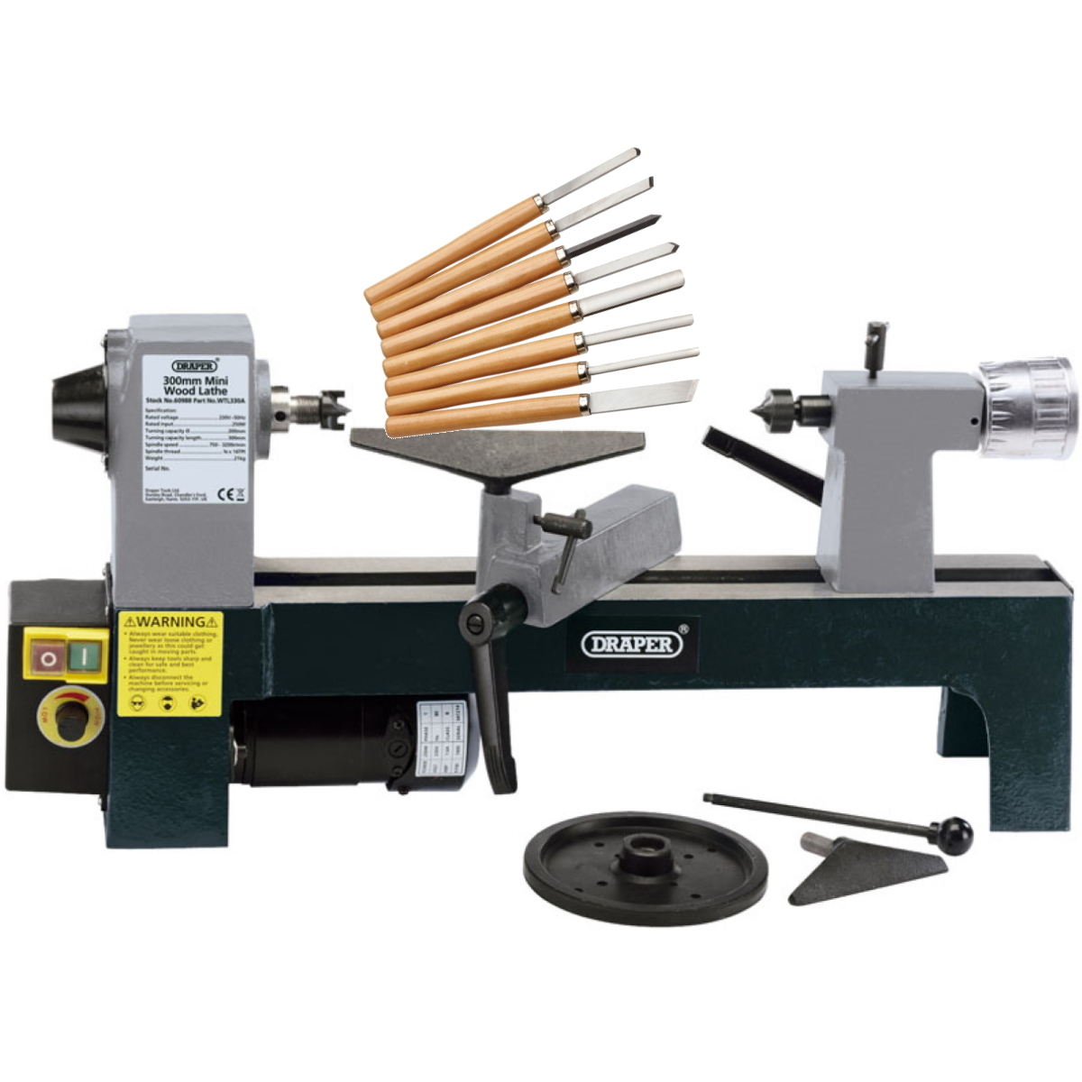 Draper Wood Lathe and 8pc Chisel Set WTL330A 250W 230V Variable Speed Mini Wood Lathe 60988