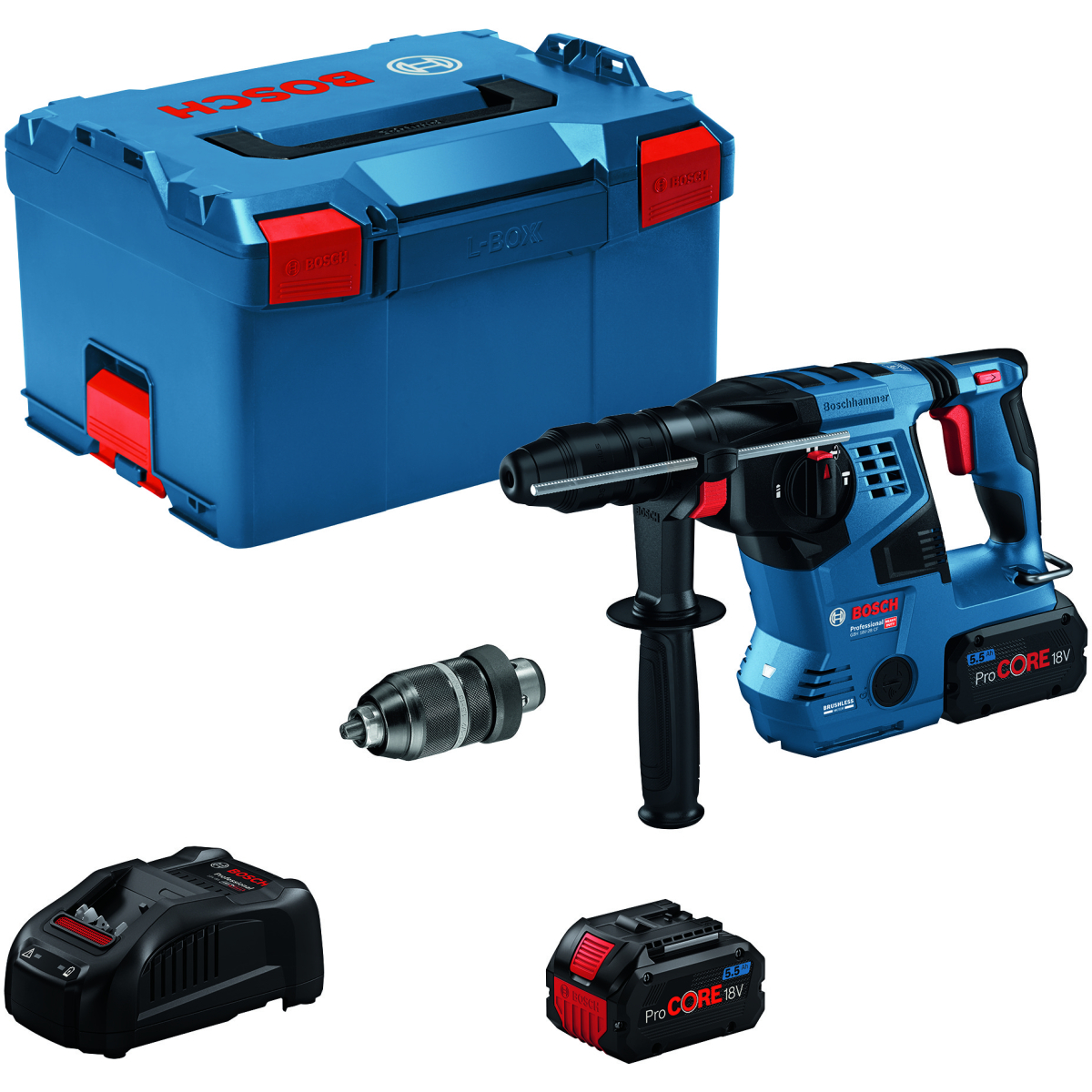 Bosch GBH 18V-28 CF 18v SDS+ Hammer Drill 26mm Connected with 2x ProCORE18V 5.5Ah & Quick Change Chuck in L-Boxx