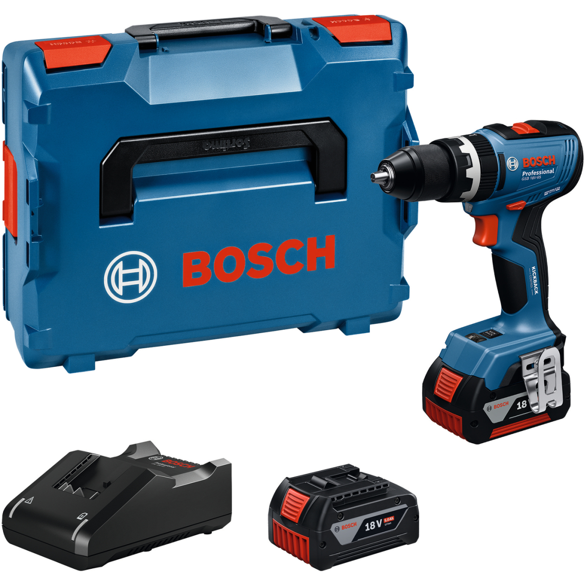 Bosch GSB 18V-65 18v Combi Drill Brushless (2x GBA 5.0Ah, GAL 18V-40 Charger) in L-Boxx