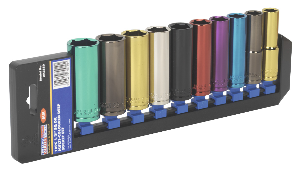 Sealey AK288D Multi-Coloured Deep Socket Set 10 Piece 1/2" Drive  6 Point Metric