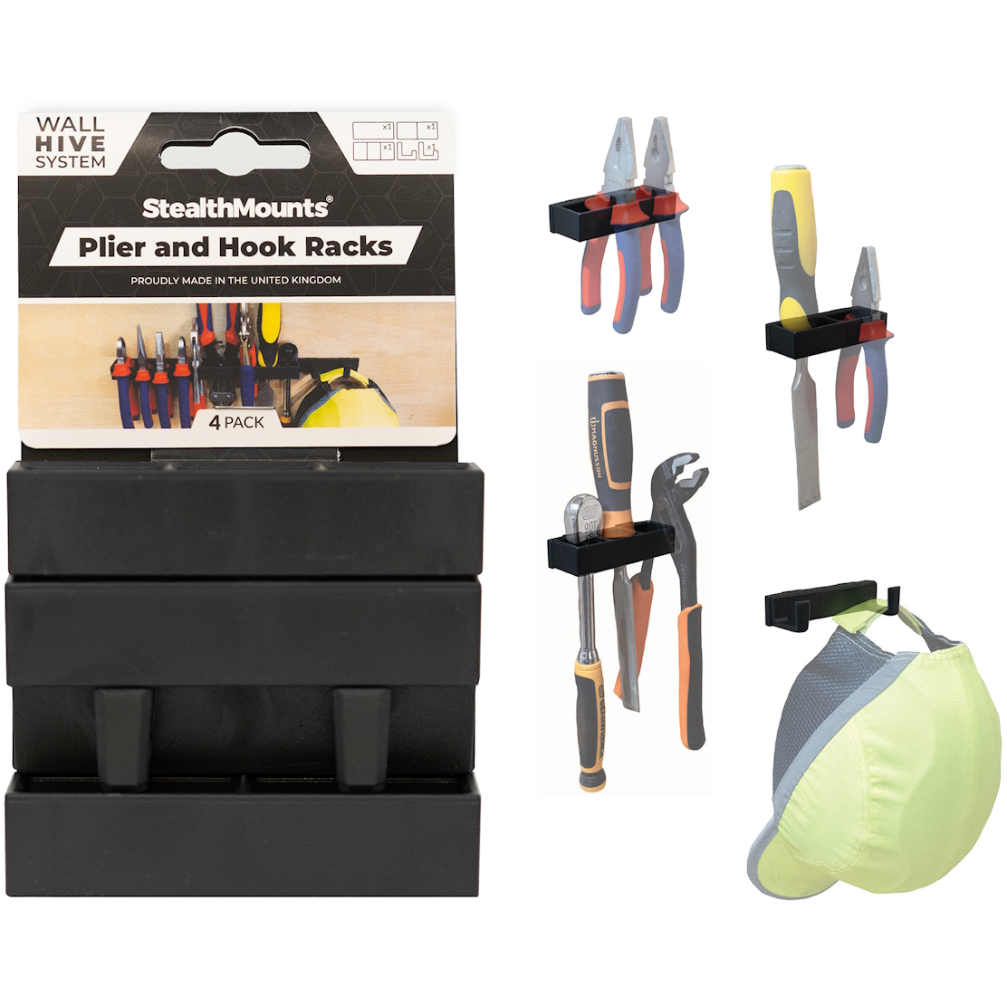StealthMounts WH-BLK-HODT-4 Black Pliers and Hook Set Wall Hive System (4 Pack)